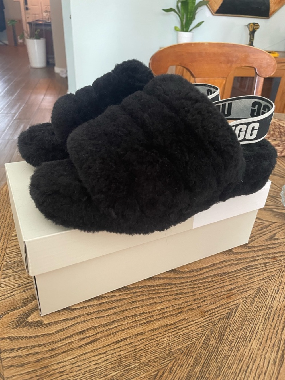 UGG Black Fluff Yeah Slide Slippers with Logo Elastic Strap